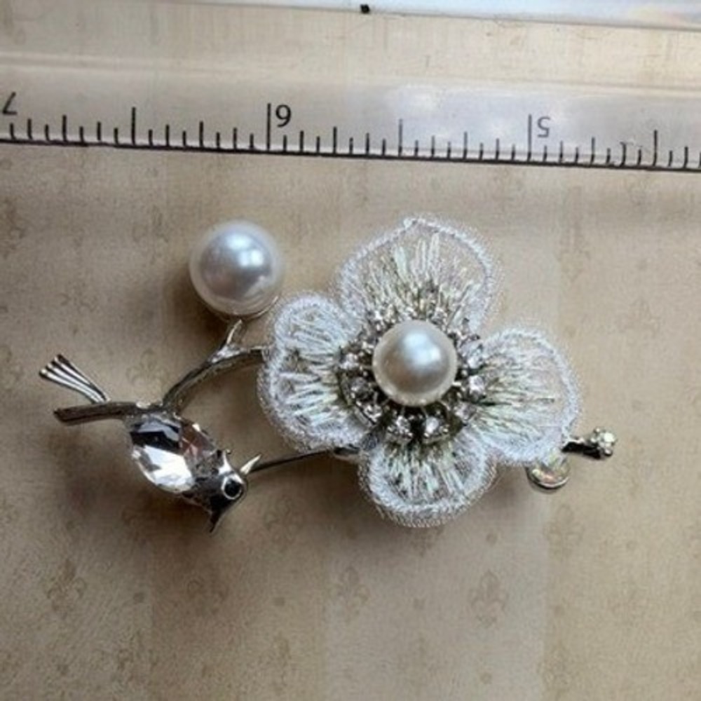 Silver Tone Bird Flower Brooch Pearl Rhinestone Embroidered Floral Pin